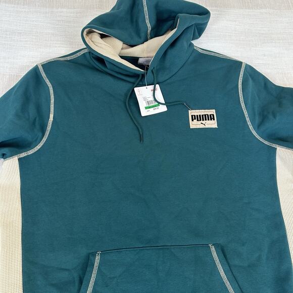 Puma Patched Up Men's Large Hoodie Malachite Teal Green Pullover Sweatshirt L - Picture 5 of 11